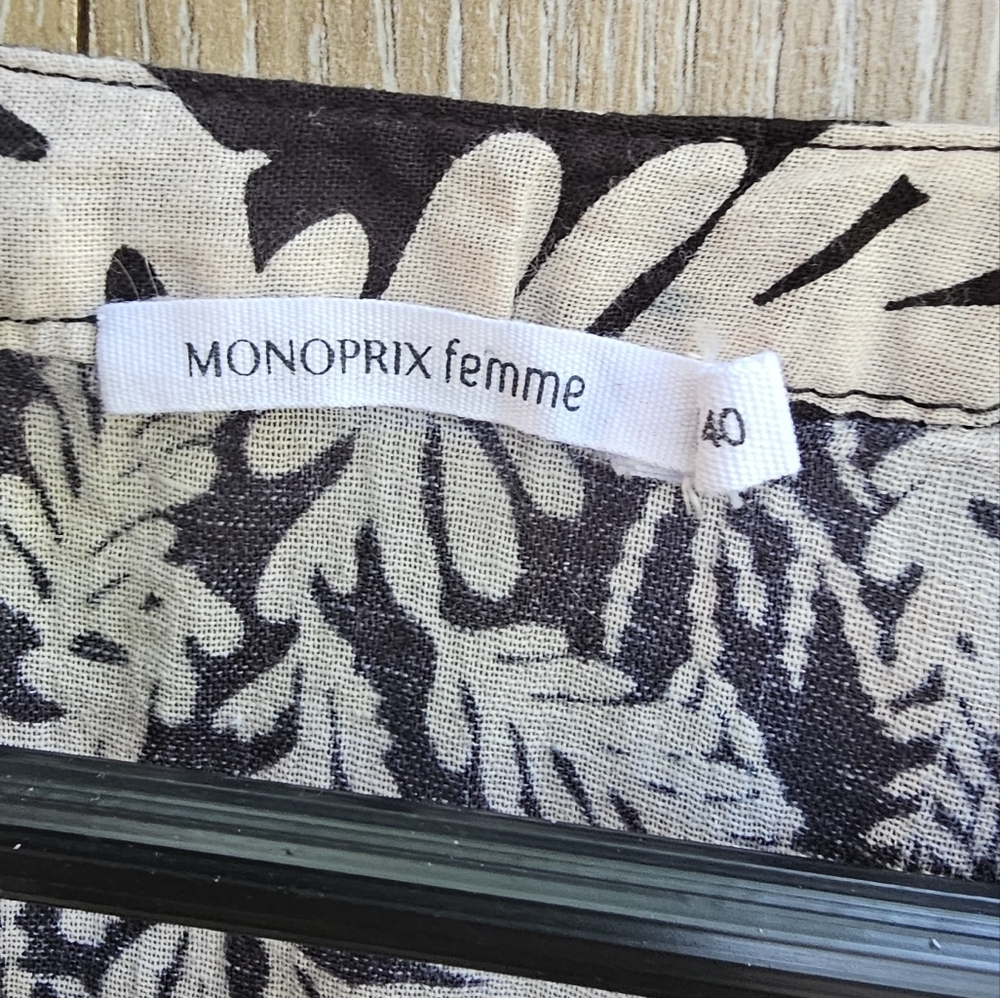 Monoprix Femme Black and Cream Leaf Print Long Top - Picture 2 of 3
